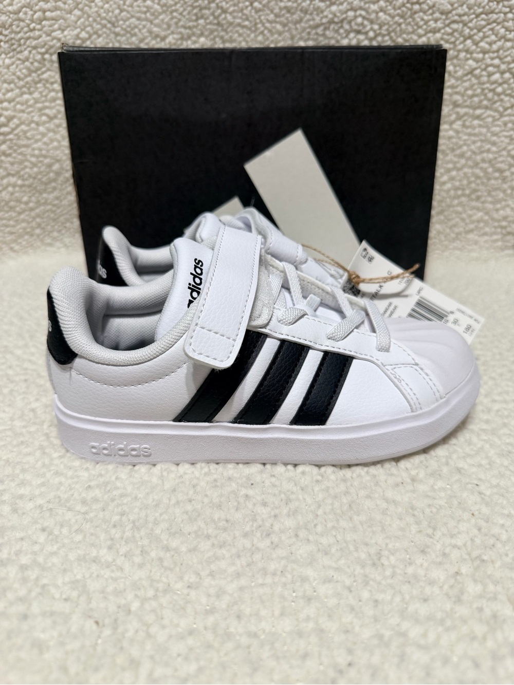 adidas Kids White Sneakers with Black Stripes and Velcro
